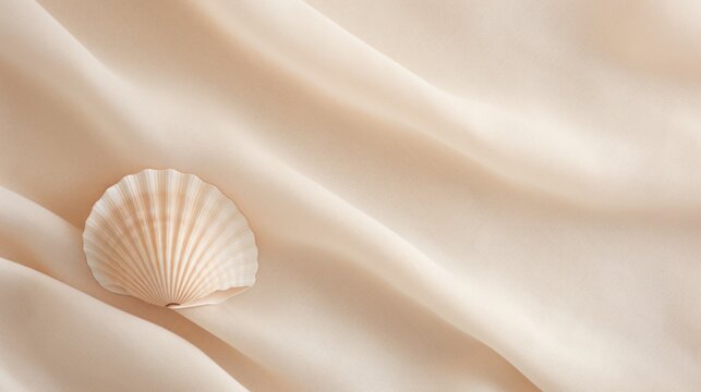 Close-up of seashell on beige textile: minimalist summer vacation texture