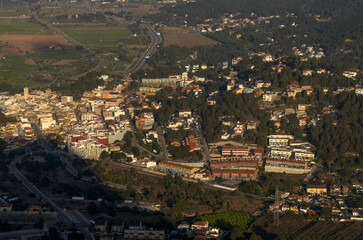 Villa in mountains. Mountains landscape with houses on hill. Towhouse and Home on hills. House in mountains. Rural landscape with hills. Houses on Mountain with nature scenery in Gilet Town in Spain.