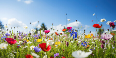 Blossoming Beauty: A Colorful Meadow of Wildflowers Under the Blue Sky