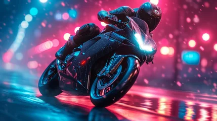 Gordijnen A motorcyclist rides fast in neon lights. © Nikolay