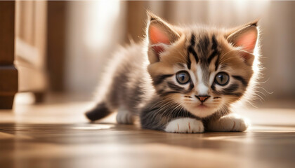 A playful kitten chasing sunlight reflections on a hardwood floor