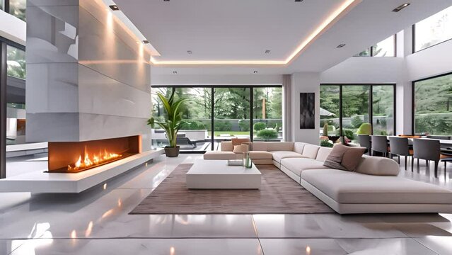 Animation of luxury modern home. minimal style white living and dining room furnished with a modern fireplace with flames 3d render The room has a parquet floor and white door 4k video 