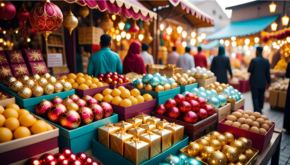 Fototapeta na wymiar A vibrant market selling festive decorations and gifts for Eid
