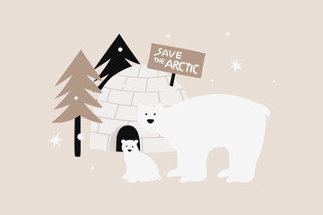 Polar Bear and Baby Near Igloo at Night Vector Illustration