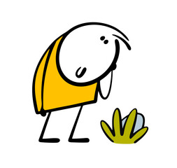 Funny satisfied child stands, looks down, found egg in the grass and bushes. Vector illustration of the traditional Easter hunting. Isolated cartoon character on white background.