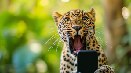 Surprised leopard holding a smartphone with a comical expression.