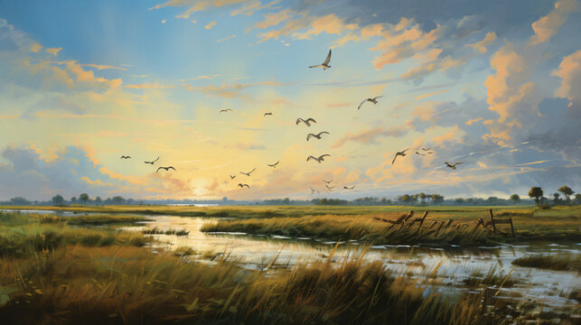 A painting of birds flying over a marshy marshland.