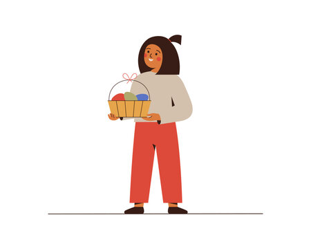 Happy girl holding the basket full of colorful chocolate eggs. female child celebrating Easter holiday and hunting sweets. Vector illustration
