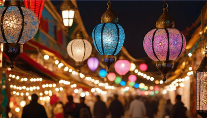 Dazzling lights and decorations at a bustling souk during a local festival - obrazy, fototapety, plakaty