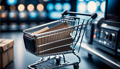 Digital shopping cart filled with trending tech gadgets and accessories