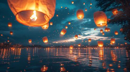 Naklejka premium Flying Chinese Lanterns, Floating lantern festival, Sky Lantern Festival, balloon fire Sky lantern flying lanterns, hot-air balloons Lantern flies up highly in the sky, Generative Ai