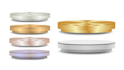 Set of realistic gold, silver, bronze and platinum, rose gold and white colour stage podium with shadow isolated on white background. 3D Round winner pedestal collection. Vector illustration