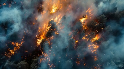 A terrible forest fire destroy trees and animals , smoke in the air , Nature is destroyed. Worried, The environment background.