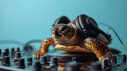 DJ turtle with headphones and turntable. - obrazy, fototapety, plakaty