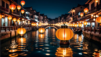Enchanting view of lantern-lit canals during a water lantern festival
