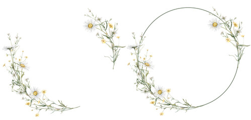 Wreath of yellow and white flower meadow, forest flowers.Watercolor hand painting illustration on isolate. Circlet of flowers with daisy or chamomile. Botanical summer wildflower