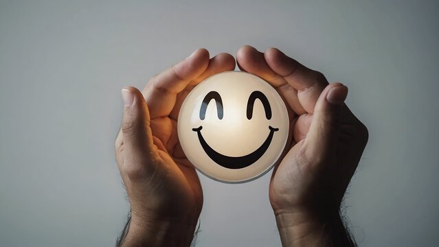 Hands hold Happy smile face. mental health positive thinking and growth mindset, mental health care recovery to happiness emotion.