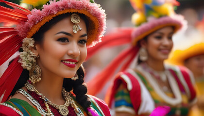 Exuberant dancers in traditional attire at a South American fiesta.