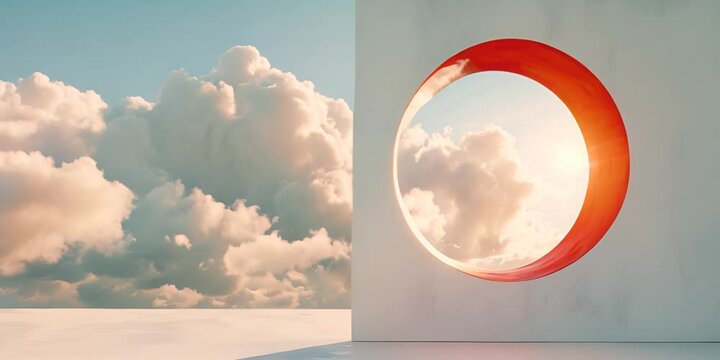 Clouds on a sunny day and a red round window with a view of the sky. The concept of minimalism and design.