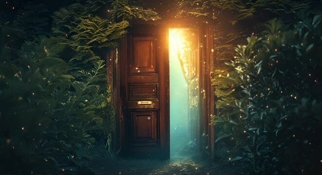 Mysterious door in the forest with glowing lights. The concept of fantasy and adventure.
