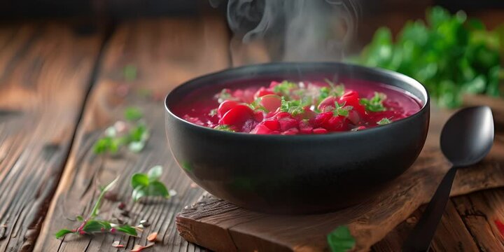 Hot beetroot soup borscht in a bowl on a wooden table, garnished with greens. The concept of healthy eating and home cooking.