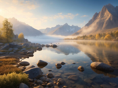 lake in the mountains and rays of sun in the smogg