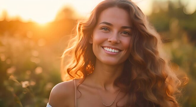 Smiling young woman against a setting sun in a field. The concept of happiness and harmony.