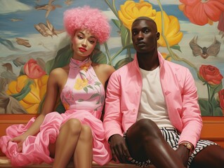 Obraz na płótnie Canvas Stylish Couple in Pink Fashion with Floral Background