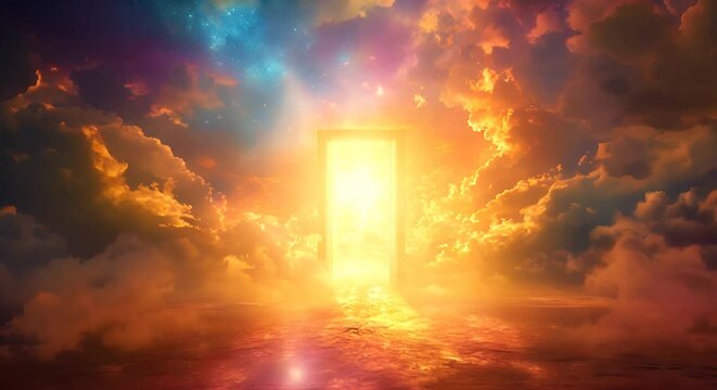 A glowing door in the sky among clouds. The concept of mysticism and the unknown.
