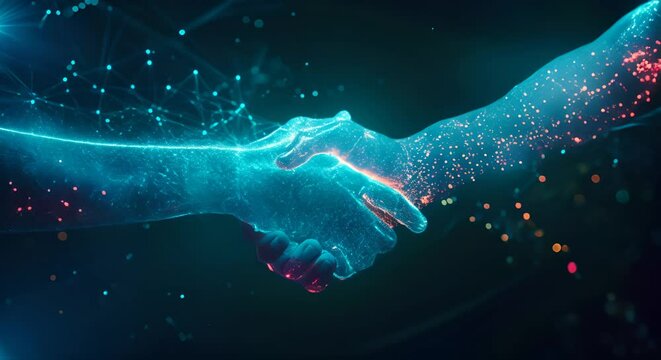 Glowing hands touching each other in cosmic space. The concept of connection and technology.