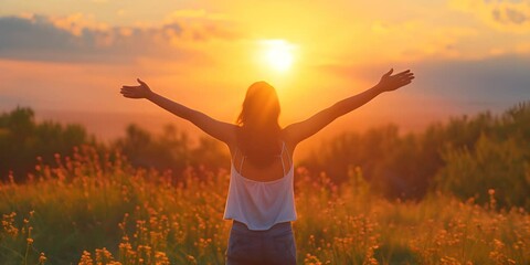 Woman with raised hands at sunset. The concept of freedom and bliss.