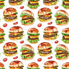 Cute watercolor seamless pattern with burgers on a white background.
