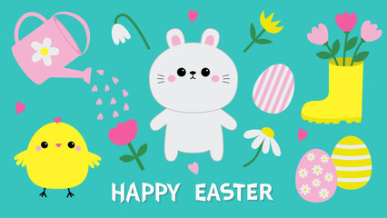 Happy Easter icon set. Chicken bird, bunny rabbit, tulip, daisy chamomile flower bouquet, egg, heart, watering can, rubber boot. Cute cartoon kawaii baby character. Blue background. Flat design