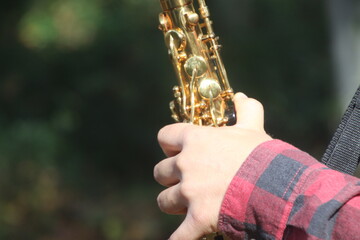 A man's hand playing the saxophone in nature
