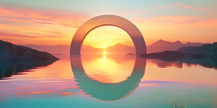 Circular arch over the water at sunset. The concept of tranquility and harmony in nature.