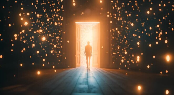 Silhouette of a person in a doorway with stars. The concept of dreams and the unknown.