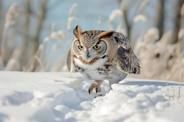 The Owl Hunting in the Snow. The Owl Gliding Over the Snow to Catch Its Prey or Waiting in Ambush Within the Snowy Landscape.