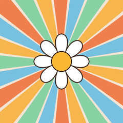 Groovy retro colorful sunburst starburst with ray of light. Background with white smiling daisy flower. 60s, 70s hippie psychedelic style. Trendy graphic print. Sunny template. Flat design.