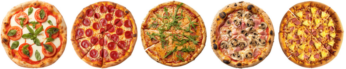 Pizza collection, margharita, pepperoni, arugula, funghi and hawaii, isolated on a transparent background, italian food bundle - obrazy, fototapety, plakaty