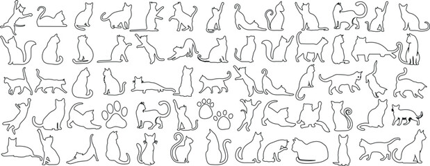 Fototapeta na wymiar Minimalist cat outlines in various poses, perfect for pet lovers, art illustrations, and design projects. Elegant black outline on a stark white background