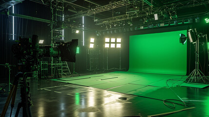 .A dynamic photo of an empty film studio with lighting rigs and green screens