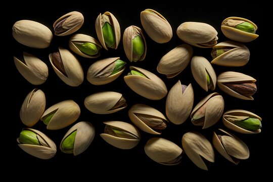 a group of pistachios on a black surface