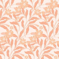 Seamless floral pattern, decorative art print in a retro folk motif. Gentle botanical design in two colors: hand drawn flowers branches, large leaves abstract on light background. Vector illustration