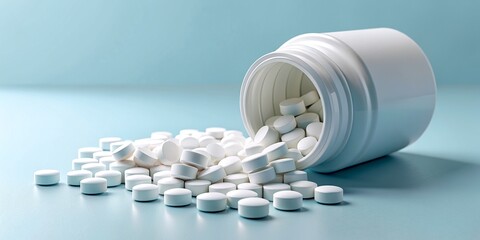 White tablets pill spilled out from white plastic bottle container. Pharmaceutical industry. Pharmacy product. Global healthcare. Drug use in hospital or drugstore. Health budget. Pharmaceutics.