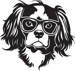 black and white cavalier spaniel dog with glasses