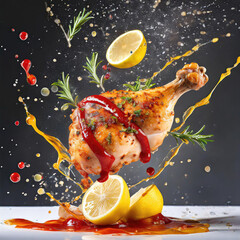 Advertisement food photography splash of lemon juice on chicken drum steak, bright colors, Generated AI