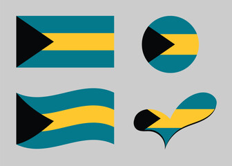 Bahamian flag. Bahamas flag in heart shape. Bahamas flag in circle shape. Country flag variations.	