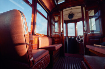 Travel by Portugal. Interior of old retro tram.