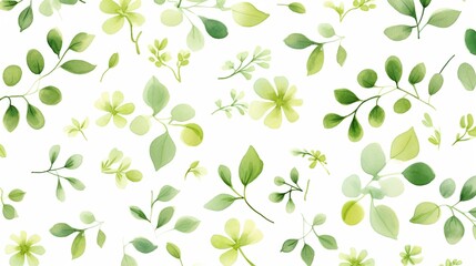 Watercolor green florals ornament seamless pattern on a white background. Green leaves pattern for nature wallpaper, apparel and banner backdrop.