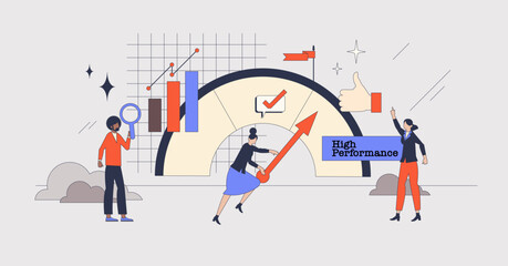 Employee performance management for effective work retro tiny person concept. Productive strategy for staff motivation and get best results vector illustration. Efficiency measurement and improvement